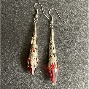 Vintage Filigree Dangle Earrings Handcrafted Caged  Faceted Red Silver Tone